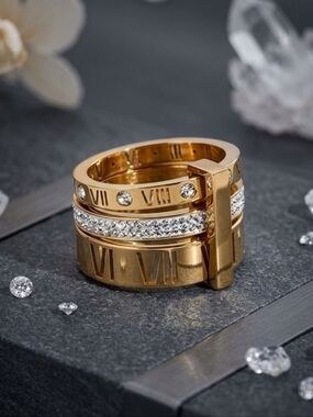 Gold Roman Numeral Spinner Ring 3 in 1 CZ Pave Stackable Anxiety Band Sz 9